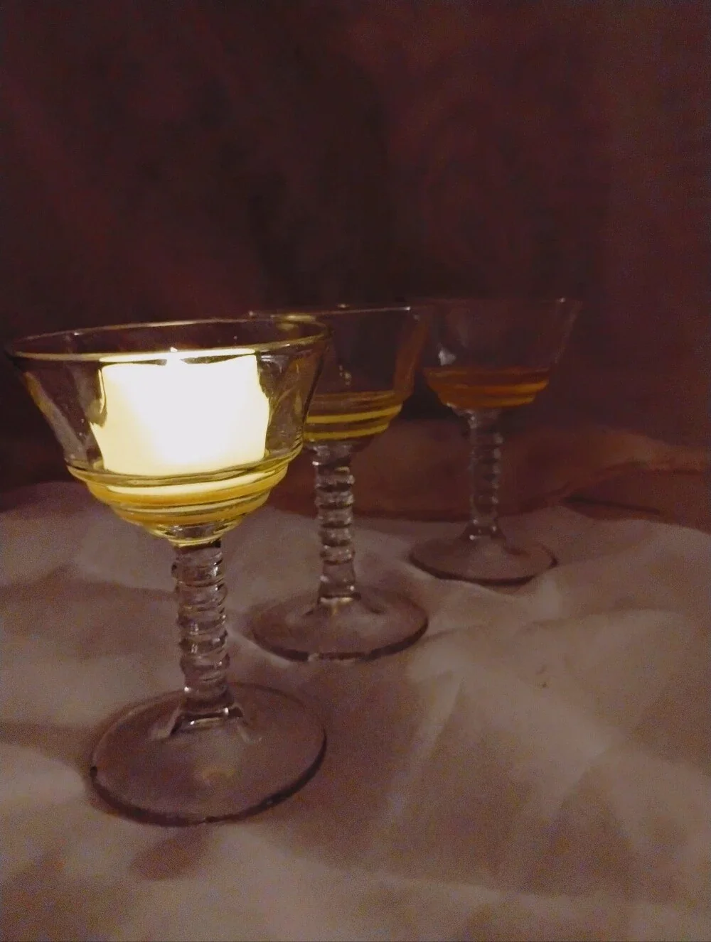 Set of 3 Harvest Yellow Detailed/Ringed Stem/Retro Bar Cart/Vintage